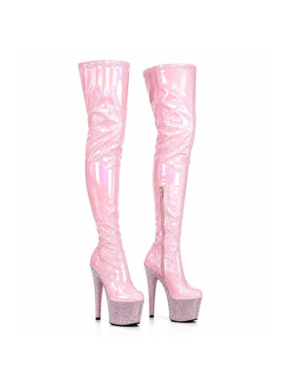 NIB Bejeweled Pink Hologram Patent Rhinestone Platform 7" High Heels Thigh Boots